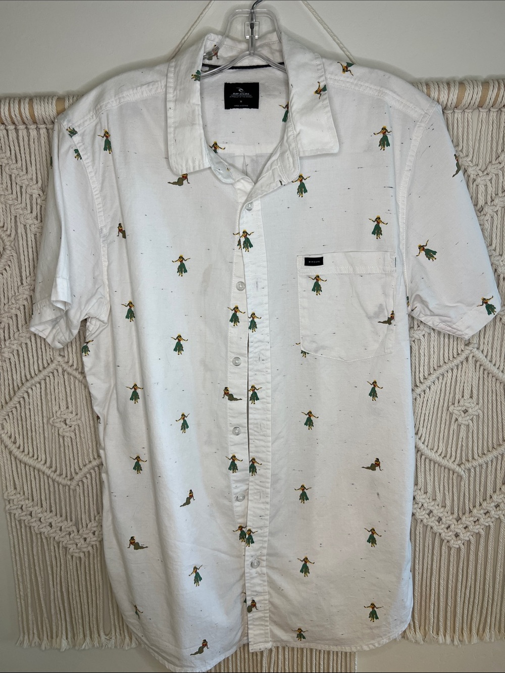 Rip Curl White Short-Sleeve Button-Up with Green Hula Dancer Motif